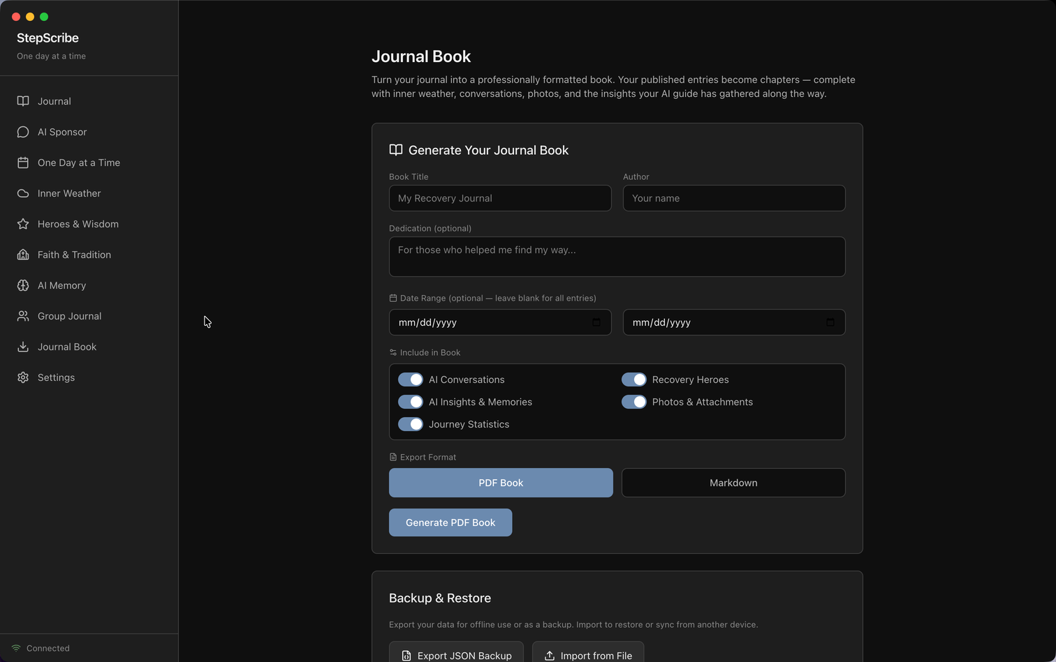 Journal Book export page with PDF and Markdown options, backup and restore