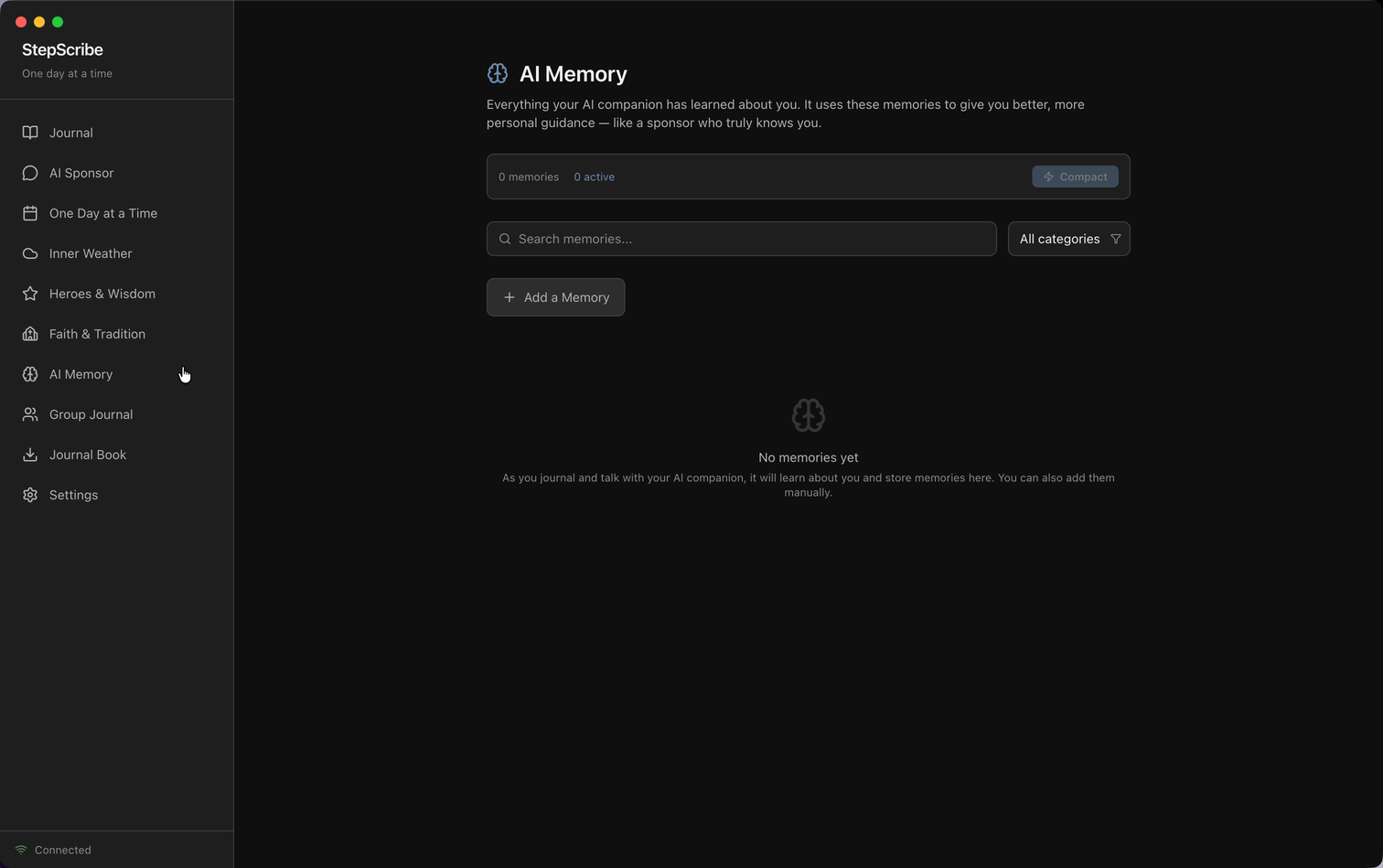 AI Memory page showing persistent memories your AI sponsor has learned about you